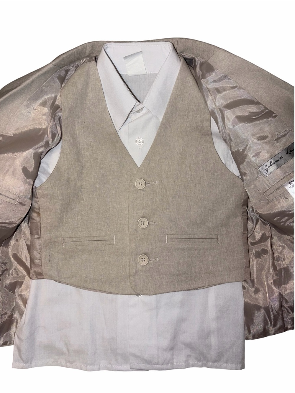 New Johnnie Lene Tan Beige Irish Linen Italy Blazer Vest White Shirt 4T Wedding